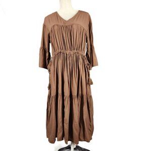 Polagram Dress Women's S Brown Boho Prairie Cinch Waist Tiered Oversize Flutter